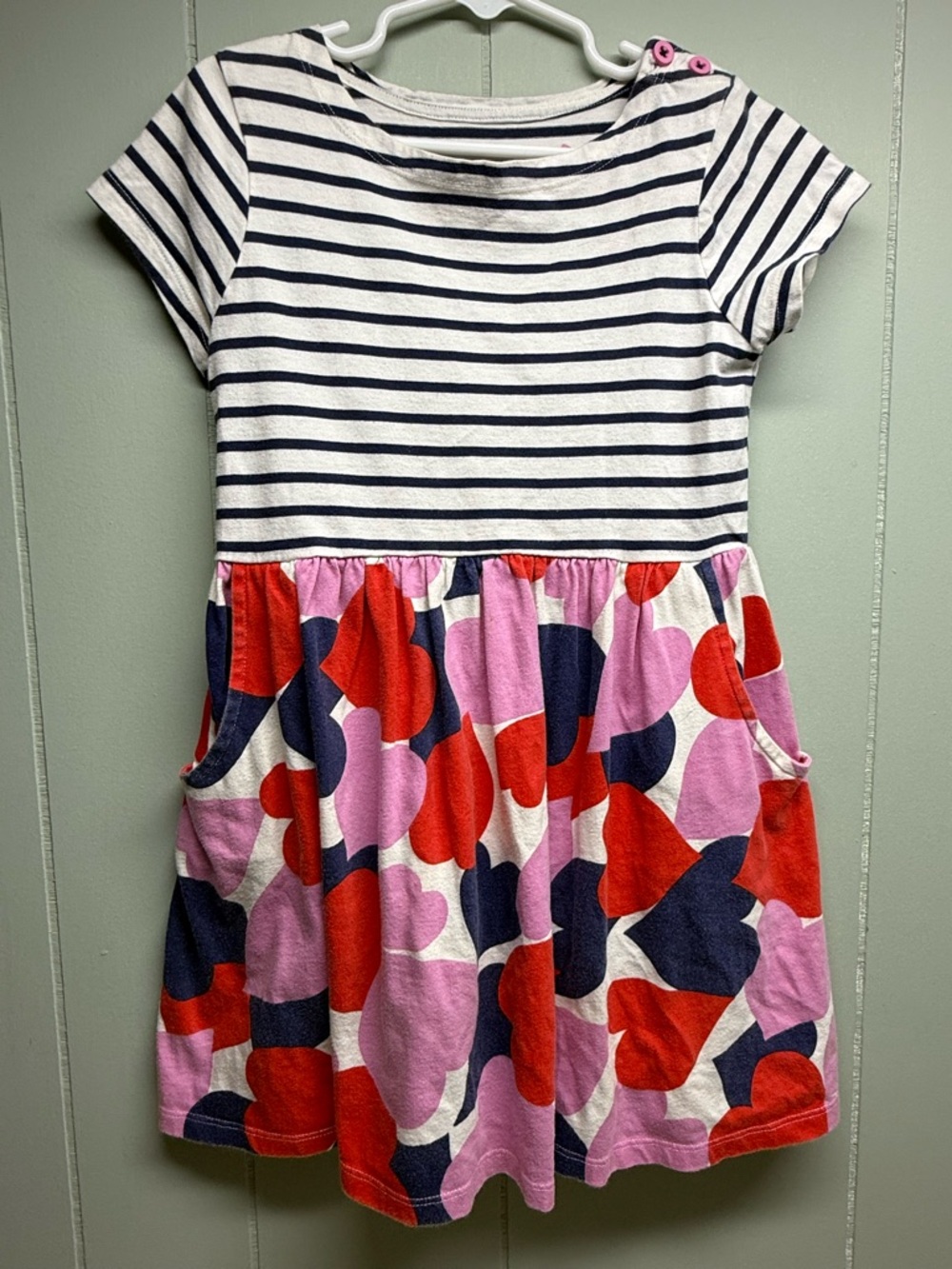 Mini Boden Navy & White Striped Dress with Pink, Red & Navy Heart Skirt